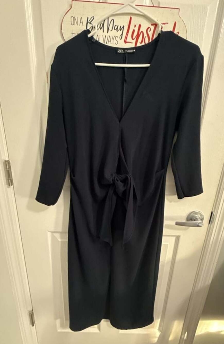 Zara Front Knot Midi Dress Size S Black V-Neck 3/4 Sleeve Fluid